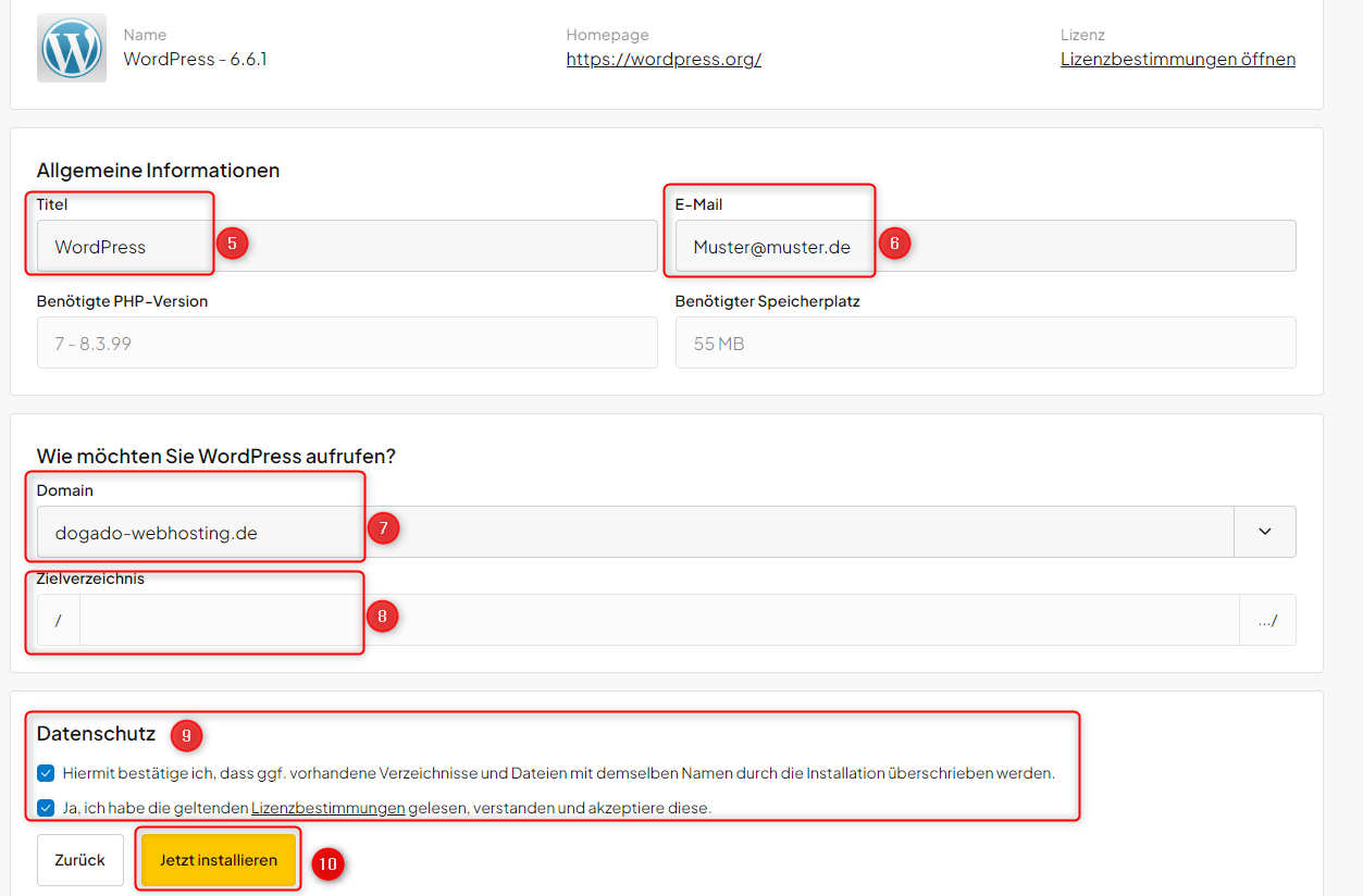 Eingabefelder zur Installation einer Anwendung im One-Click Installer